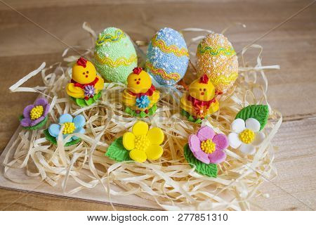 Easter Eggs On A White Wooden Background. Easter Background. Easter Eggs. Easter. Easter Symbol. Eas