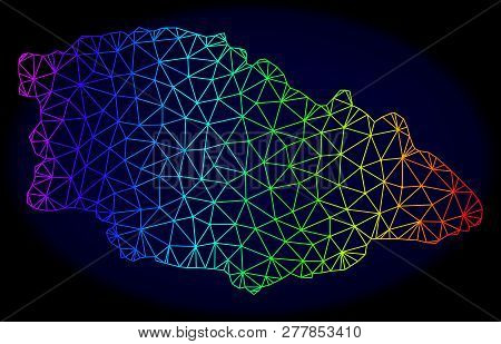 Rainbow Colored Mesh Vector Map Of Gozo Island Isolated On A Dark Blue Background. Abstract Lines, T