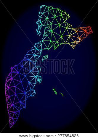 Spectrum Colored Mesh Vector Map Of Kamchatka Peninsula Isolated On A Dark Blue Background. Abstract