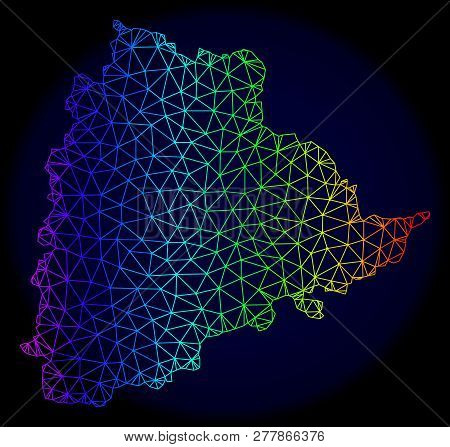 Spectrum Colored Mesh Vector Map Of Telangana State Isolated On A Dark Blue Background. Abstract Lin