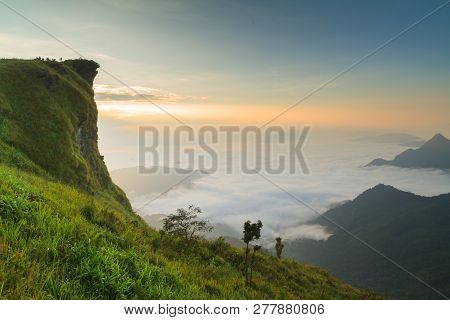 Landscape Of Mountain View With Morning Fog At Sunrise Time,phu Chi Fa In Chiangrai Province,thailan