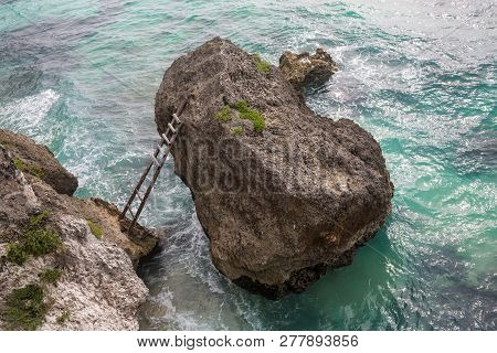 Beautiful Beach Of Stones With Stairs At Fisherman Town, Dalmatia, Croatia. Island Solta With Crysta