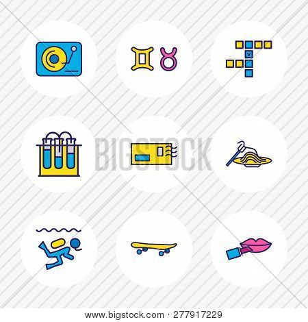 Illustration Of 9 Lifestyle Icons Colored Line. Editable Set Of Chemistry, Djing, Diving And Other I