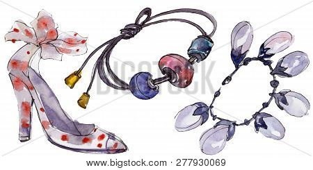 Bracelet And Shoe Sketch Fashion Glamour Illustration In A Watercolor Style Isolated. Isolated Accec