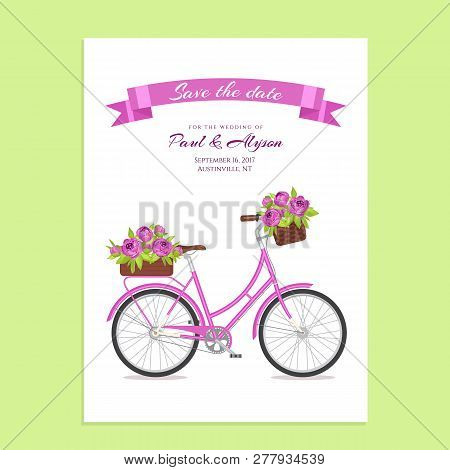 Purple Retro Bicycle With Bouquet In Floral Basket And Box On Trunk For Wedding, Congatulation Banne