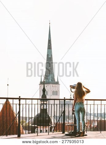 Woman Sightseeing In Tallinn City Europe Vacations In Estonia Travel Lifestyle Girl Tourist At Viewp