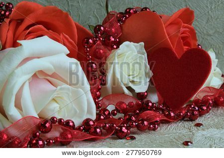 A Bouquet Of Pink And White Roses With Red Beads And A Heart On A Light Background To Congratulate W