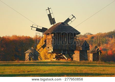Kiev, Ukraine - October 2018. Traditional Ukrainian Windmill In The Museum Of National Architecture 