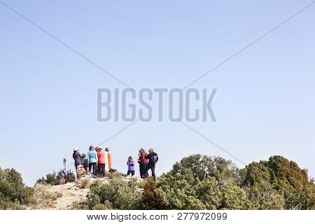 Beceite, Spain. February 21, 2016: People On The Peak Of Penya Galera. Beceite, Teruel Province. Spa
