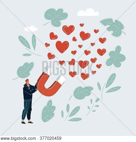 Vector Illustration Of Man With Big Giant Magnet To Attract Many Hearts. Character On White Backgrou