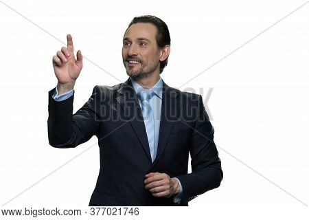 Mature Businessman Using Virtual Screen On White Background. Happy Businessman Isolated On White Bac