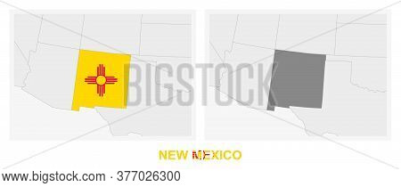 Two Versions Of The Map Of Us State New Mexico, With The Flag Of New Mexico And Highlighted In Dark 