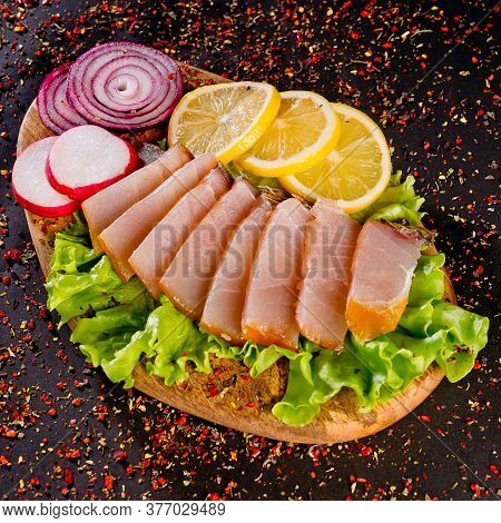Fresh Grilled Salmon Fish With Lemon And Onion Salad
