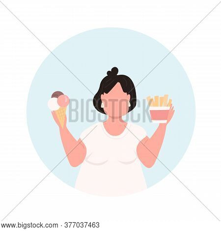 Overeating Flat Color Vector Faceless Character Icon. Bad Diet For Woman. Girl With Weight Problem. 