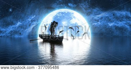 Man And Woman Kissing On The Background Of The Moon And Playing Dolphins, 3d Illustration