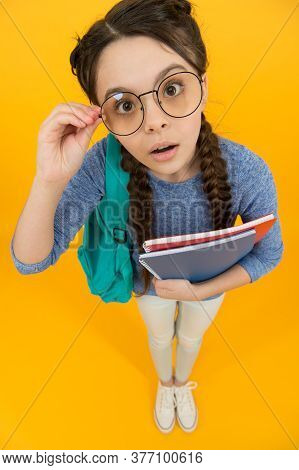 Always Look Smart And Beautiful. Smart Look Of Schoolchild. Little Schoolgirl Wear Eyeglasses. Small