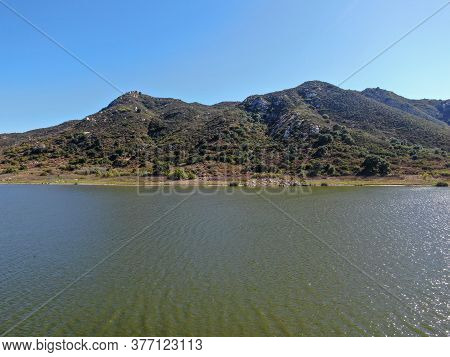 Aerial View Of Inland Lake Hodges And Bernardo Mountain, Great Hiking Trail And Water Activity In Ra
