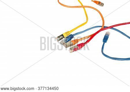 Multi-colored Cables For A Computer Network. Isolated Over White Background. Red Blue Yellow And Ora