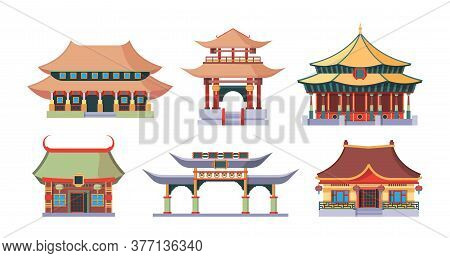 Asian Temples And Palaces Set. Traditional Ancient Chinese Style Buildings Japanese Ritual Pagodas K