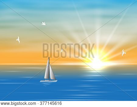 Sailing Ship Floating In The Ocean In The Morning. A Silhouette Of A Boat With Sails Floating On The