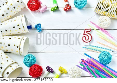 Party Decoration. Design Concept. Colorful Paper Cups With Straws,candles, Decorations For Birthday 
