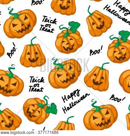 Halloween Seamless Pattern. Flat Orange Pumpkins With Carved Scary Smiling Faces And Black Lettering