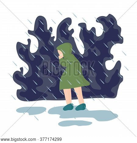 Illustration Of A Girl Walking In The Rain. The Image Shows A Weather Phenomenon, Torrential Rain. A