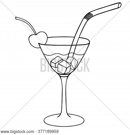 Martini With Ice Cubes. Vector Stock Illustration. Sketch. Strawberry Decoration. Plastic Drinking S