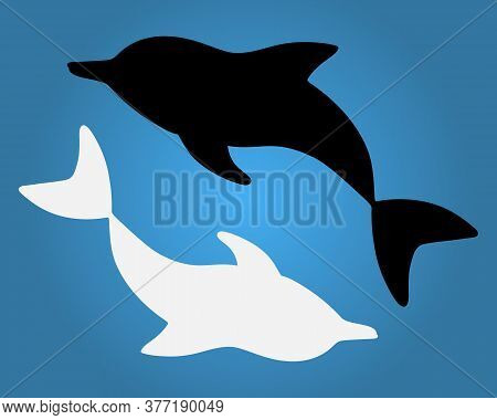 Two Dolphins Swim In A Circle. Silhouette. Vector Stock Illustration. Yin And Yang Symbol. Blue Isol