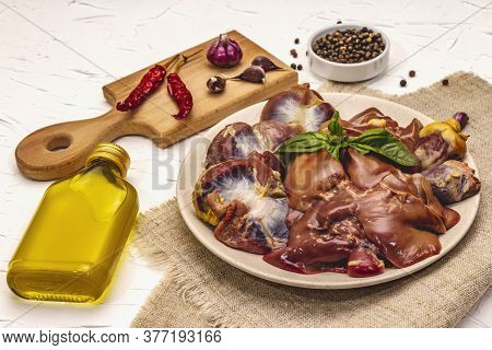 Fresh Raw Chicken Offal: Heart, Liver, Stomach With Dry Spices, Sea Salt, Chili Pepper, Olive Oil, F