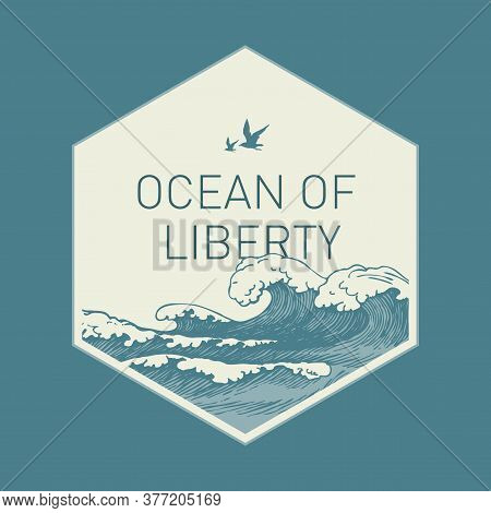 Hand-drawn Illustration In The Shape Of A Hexagon With Waves, Seagulls In The Sky And The Words Ocea