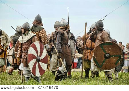 Russia, Staraya Ladoga 23,06,2012 Reenactors With Shields And Spears During The Battle, Festival Of
