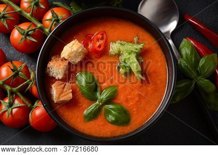 Andalusian Gazpacho. Red Tomato Cold Gazpacho Soup In Glass, With Cucumber, Onion, Basil ,chili Pepp