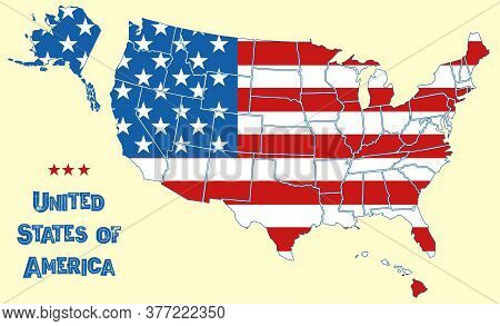 Map Of The United States Of America. Flag Of Usa Throughout Territory With Borders Of All States, Wh