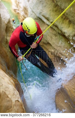 Canyoneering Formiga Canyon in Guara Mountains, Huesca Province in Spain.