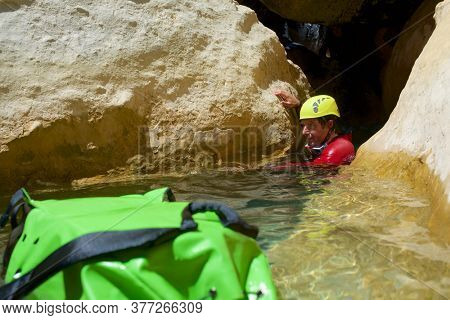 Canyoneering Formiga Canyon in Guara Mountains, Huesca Province in Spain.