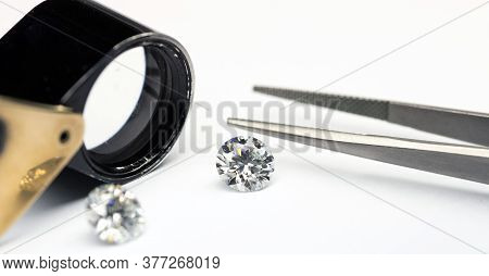 Diamonds Tweezers And Loupe. Gemstone Jewelry Making Background