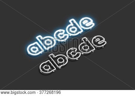 Decorative A B C D E Letters, Neon Font Mockup, 3d Rendering. Empty Lowercase Xenon Typeface For Lig
