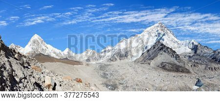 Panoramic View Of Khumbu Glacier Mount Pumori And Nuptse, Kala Patthar Near Gorak Sheep Village, Khu