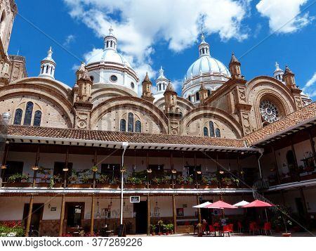 Cuenca, Ecuador - July 16; 2020: View At Courtyard And Domes Of New Cathedral Or Catedral De La Inma