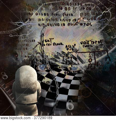 Surrealism. Spirals of time and warped space. Astronaut. Checkered womans face with lightnings in deep space. 3D rendering