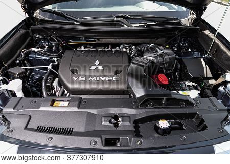 Novosibirsk/ Russia - July 04 2020:mitsubishi Outlander, Close Up Detail Of  Car Engine, Front View.