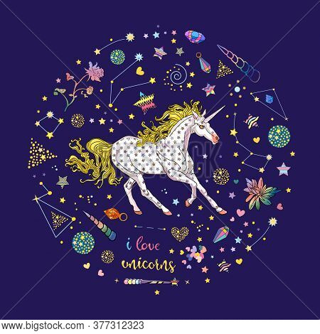 Cute Illustration Of Skittish Starry Unicorn Inside Blue Square With Constellations, Stars, Crystals