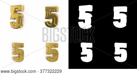Set Of Golden Number 5 (number Five) Left Side View And Right Side View, With Alpha Channel And Shad