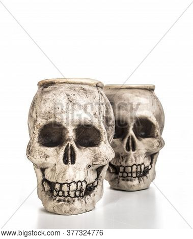 Human Plaster Skulls On A White Background