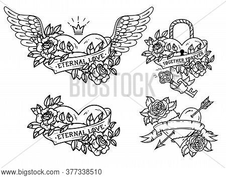 Set Of Heart Tattoos With Roses And Ribbons. Old School. Tattoo Heart Under Lock And Key. Red Heart 