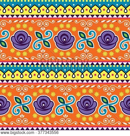 Pakistani Or Indian Jingle Truck Seamless Vector Pattern, Colorful Repetitive Ornament With Flowers 