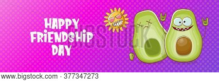 Happy Friendship Day Cartoon Comic Horizontal Banner With Two Funky Avocado Friends And Cartoon Sun 