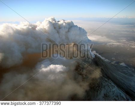 Active Volcano Erupting Lava And Clouds Of Volcanic Ash. Kizimen, Kamchatka Peninsula