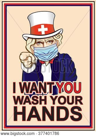 Uncle Sam Of United States America In Red-cross Hat And Medical Mask Pointed Finger. Want You To Was